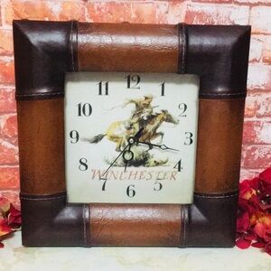 Vintage Winchester Riffle Leather Framed Square Wall Clock
